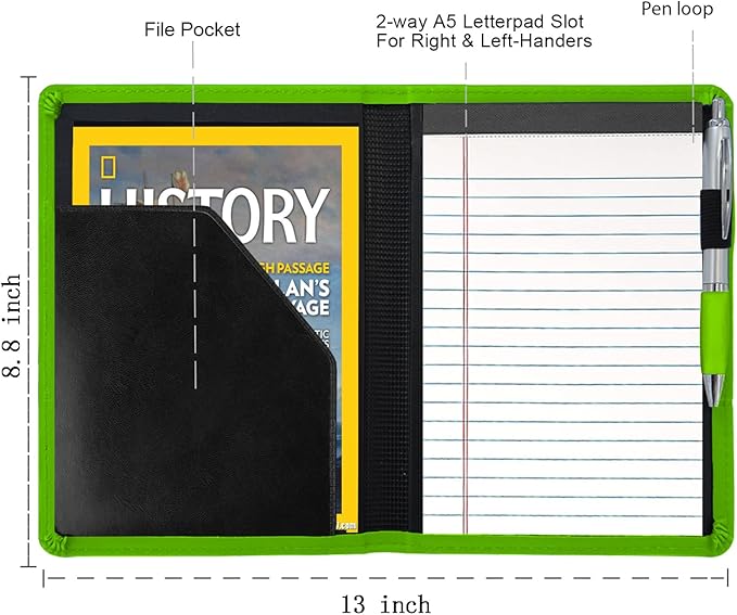 Classic Padfolio/Junior Portfolio Folder Case, Business A5 Binder Organizer Notepad for Men Women, 5 x 8 Writing Pad Included, Green