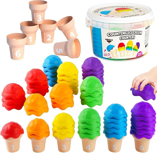 NEOROD Ice Cream Counting Toys for Toddlers 3-5 – Montessori Preschool Learning Set with 42 Scoops & 6 Cones | Color Sorting & Fine Motor Skills Stacker | Educational Math Game & Sensory Toys for Kids
