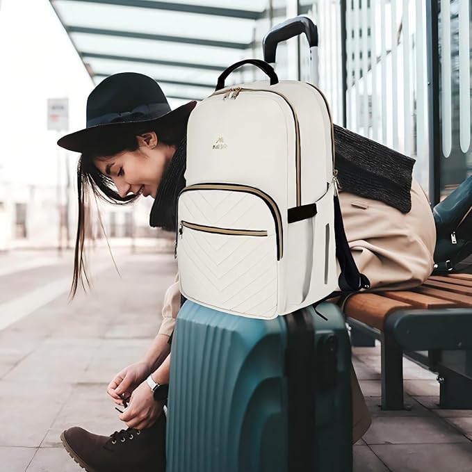 MATEIN Travel Laptop Backpack, Anti Theft Quilted Slim Backpacks for Women | Bookbag with Detachable Keychain Hook, Carry on Bags Purse, for Teacher Doctor Nurse, Fits 15.6 Inch Notebook, White