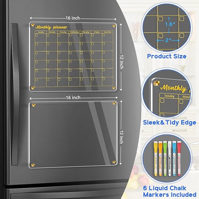 WALGLASS Acrylic Calendar for Fridge, 12"x16" Gold Monthly Clear Acrylic Magnetic Dry Erase Board for Refrigerator, Set of 2 Stronger-Magnetic Reusable Fridge Planner, Includes 6 Liquid Chalk Markers