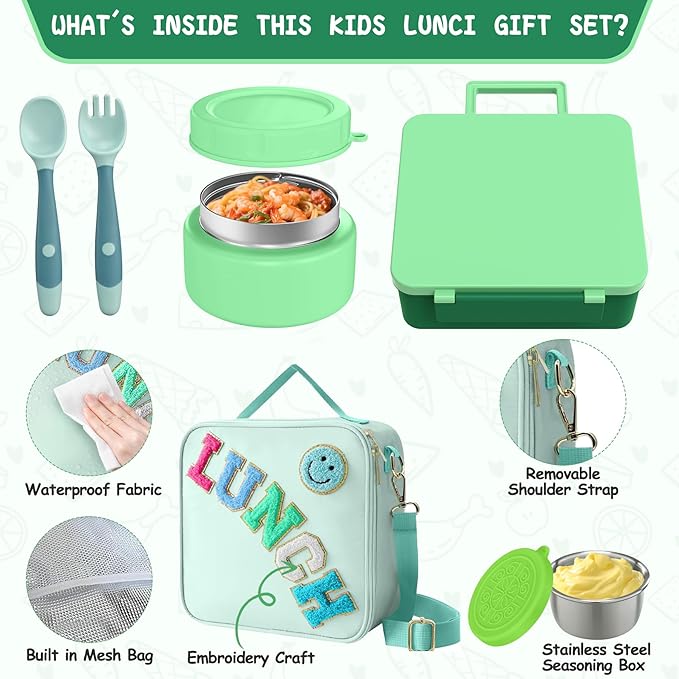 Aimsnk Kids Bento Lunch Box with 8oz Soup Thermo, Kids Leakproof Lunch Food Containers with 4 Compartment,Insulated Hot Food Jar with Lunch Bag for School, Travel (Green)