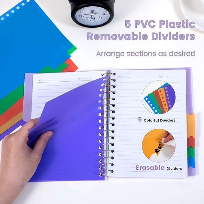CAGIE Small Spiral Notebooks with Removable Dividers Tabs, 5 Subject Notebook College Ruled 6''×8'', A5 Notebooks for School Work with Plastic Cover, Back Pocket, Spiral Bound, Purple