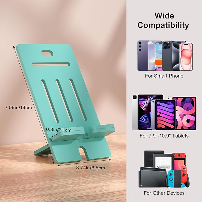 Pezin & Hulin Bamboo Cell Phone Stand, Adjustable Wood Charging Dock Holder, Portable Desktop Phone Rack, Compatible with All Phone -Slim Version(Teal)