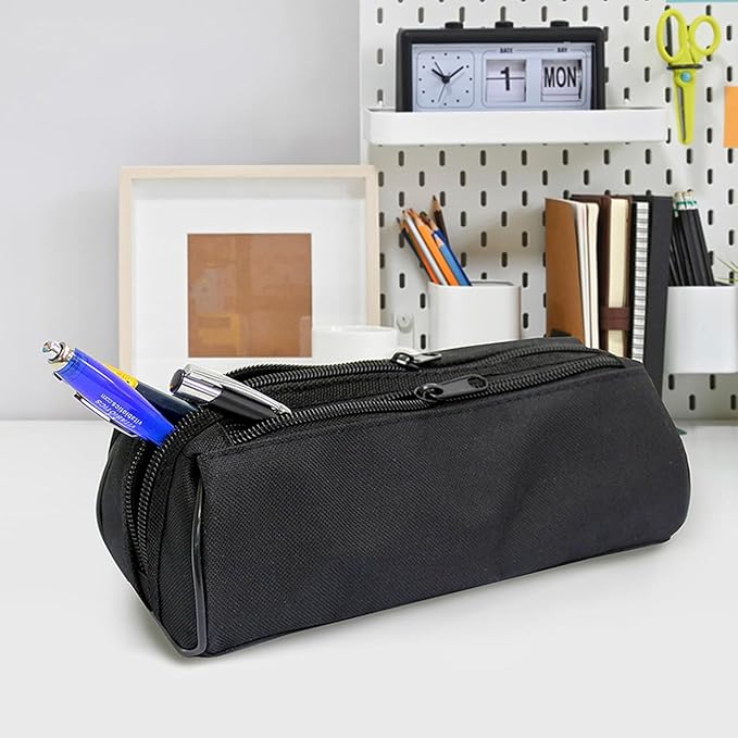 Fashion Stationery Black Pencil Case, Large Capacity, 2 Compartments