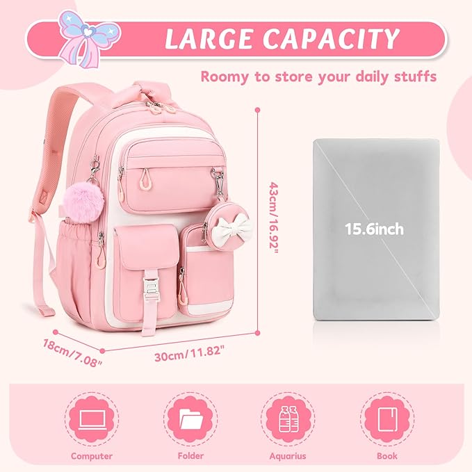 MUSEVOS Kids Backpack for Girls Aged 6-14, Kindergarten Elementary Middle School Backpack, Cute Bookbag Multi-Compartment, Water-resistant