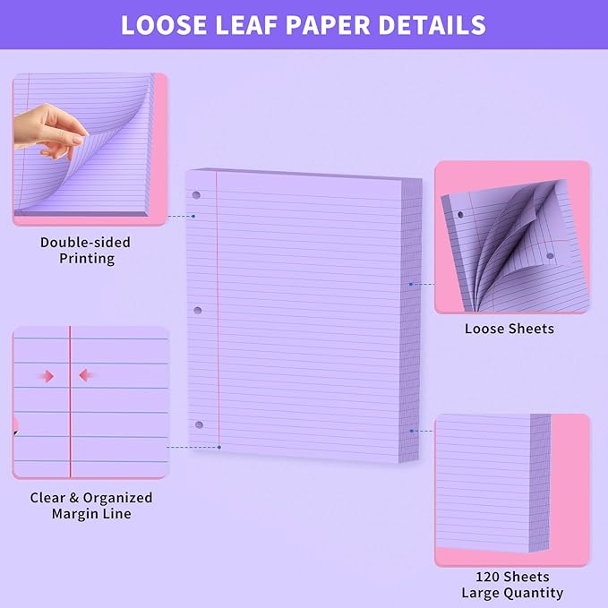 Purple Loose Leaf Paper 120 Sheets Purple Paper 8" x 10.5" College Ruled Paper Colored Notebook Paper 3-Hole Punched Lined Paper, 3 Ring Binder Paper 8 x 10.5 Filler Paper for School Office Supplies