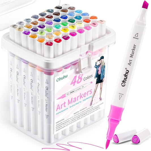 Ohuhu Markers: 48-Color Double Tipped Brush & Chisel Alcohol Markers for Adults Coloring Illustration, Alcohol-based Art Marker Set with Unique Designed Grip, Great Value Pack for Beginners