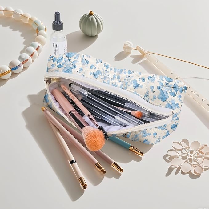 Cute Quilted Pencil Case for Girls Women, Aesthetic Small Floral Pencil Pouch,Slim Soft Pencil Bag for School Supplies Makeup Pouch for School & Daily Use (blue floral)