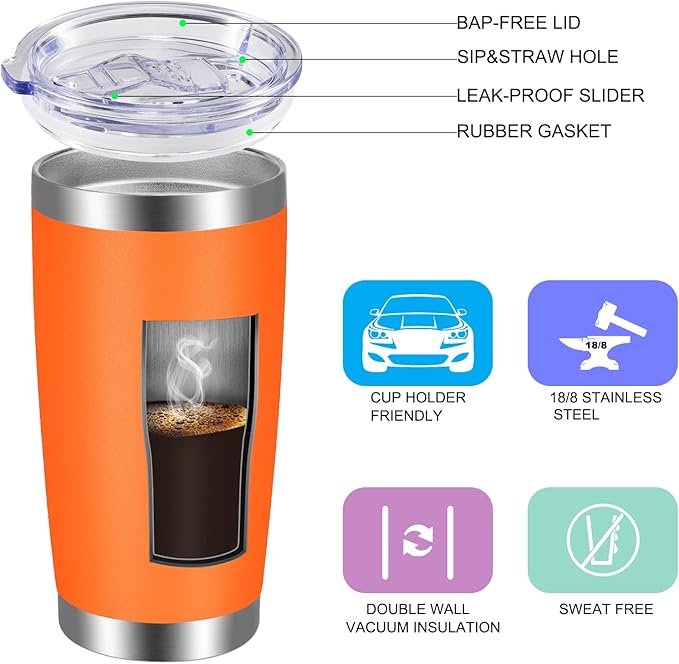 VEGOND 20oz Tumbler with Lid and Straw Stainless Steel Tumbler Cup Vacuum Insulated Double Wall Travel Coffee Mug Powder Coated Coffee Cup, Orange, 1 Pack