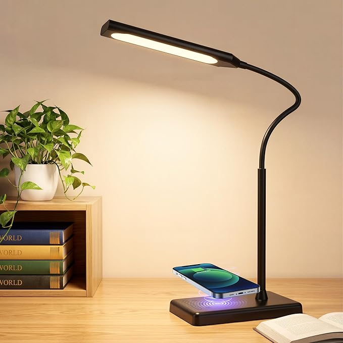 LED Desk Lamp for Office Home, Wireless Charger Desk Lamp with Dimmable, 12W Eye-Caring Desk Light, 600LM Reading Light for Desk, 5 Color Modes 6 Brightness Levels Lamp for Study, Workbench