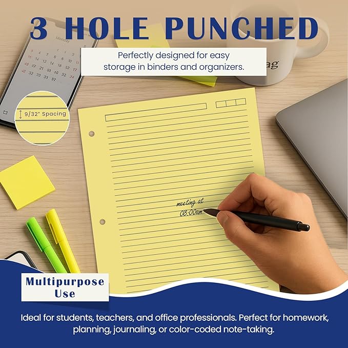 Light Yellow College Ruled Filler Paper – 8.5" x 11", 100 Sheets, 80gsm, 3-Hole Punched, Acid-Free – Pastel Binder Refill for School, Office & Note Organization