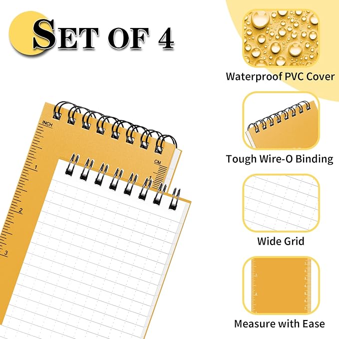 COIDEA Waterproof Notebook, 4 Pack Top-Spiral Pocket Notepad, 3" x 5" Weatherproof NotePad, All Weather Police Pocket Notebook Little Memo Steno Note Pads for Outdoor Office School Recording, Yellow