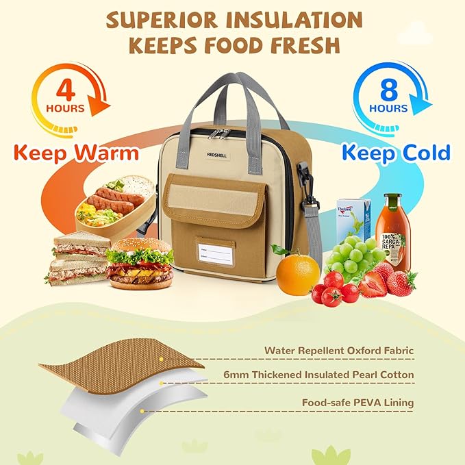 REDSHELL Tactical Lunch Box Kids, Large Insulated Lunch Bag for Boys Girls, Cooler Lunchbag, Square Toddler Lunchbox, School Daycare Lunch Tote Pail with Water Bottle Holder Shoulder Strap, Brown