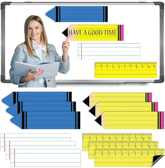 FYSUIMU 12Pcs Back to School Magnetic Dry Erase Sentence Strips Pencil Crayon Ruler Notebook Style Reusable Magnetic Border Strip for Teacher Whiteboard Classroom Office Supplies