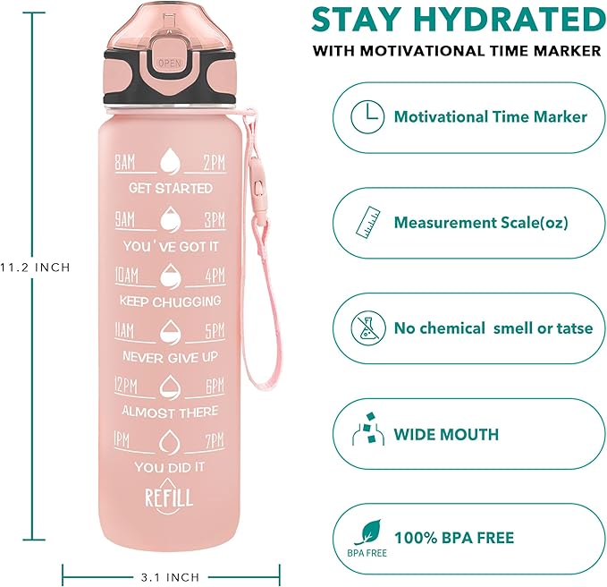 Enerbone 32 oz Water Bottle with Times to Drink and Straw, Motivational Drinking Water Bottles with Carrying Strap, Leakproof BPA & Toxic Free, Ensure You Drink Enough Water for Fitness Gym Outdoor