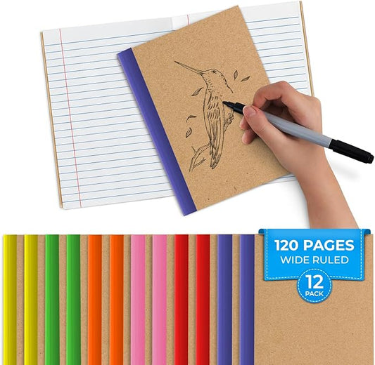 Rosmonde 12 Pack Kraft Journals Bulk, 8 x 5.7, Extra Pages - 120 Pages (60 Sheets), Wide Ruled, No Bleed Thick Paper, Small Composition Notebook for School, Lined Kraft Travel Notebook, Rainbow Spines