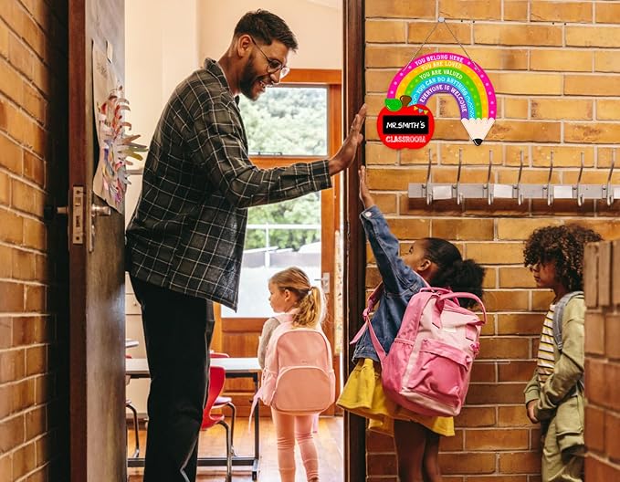 WaaHome Rainbow Welcome Sign for Classroom - 11"x14" Personalized Door Decoration - Back to School, Welcome to Our Classroom Sign