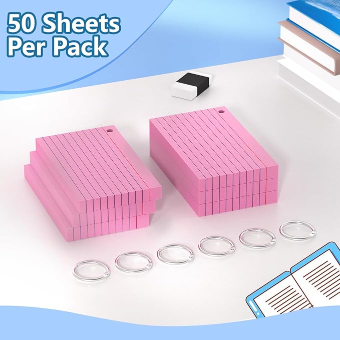 Index Cards 3x5 Inch With Ring, 300 Count, Ruled Pink Index Card, 180GSM Flash Cards College Ruled for Students, Teachers, Study Note Card for Office, Home, School, Office