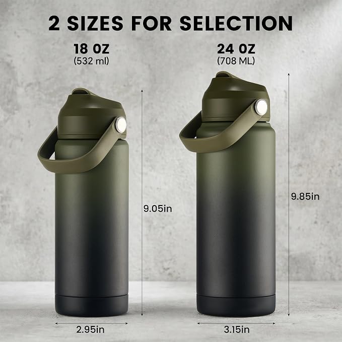 Fijinhom 24 oz Insulated Water Bottle with Straw Lid, Stainless Steel Water Bottles, Double Wall Vacuum, Portable Handle & Non-slip Bottom, BPA Free Leak Proof Metal Bottles, Cold 24H, Green/Black