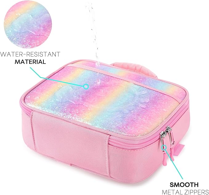 mibasies Kids Lunch Box for Girls Toddler, Insulated and Reusable Lunch Bag for School, Pink Blue Rainbow