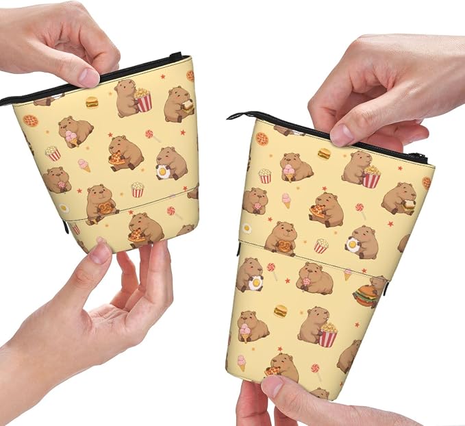Yellow Cute Animals Kids Standing Pencil Case Girls Boys Telescopic Stationary Pouch with Zipper Large Capacity Stand up Pen Bag Portable Makeup Holder for Children School Students