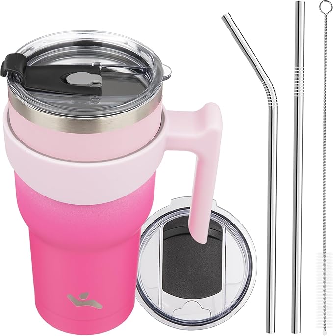 Konokyo 30 oz Tumbler with Handle and 2 Straw 2 Lid, Insulated Water Bottle Stainless Steel Vacuum Cup Reusable Travel Mug, Cherry