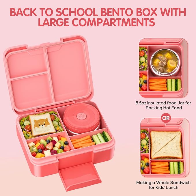 HOMETALL Lunch Box Bento Box for Kids with Food Thermo 8.5oz - Leakproof Lunch Box Kids with Lunch Bag Set for Girls Ages 3 to 14 Back to School,Reusable Snack Containers On-the-Go Meal Prep,Pink