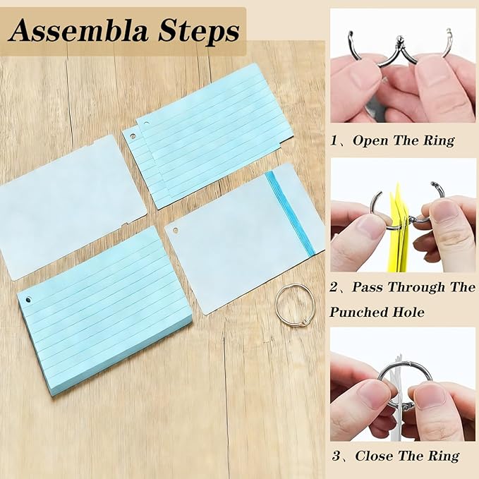 200 Count Colored Index Cards, 3x5 Inch with Key Ring, Portable Note Taking Study Note Cards for Office Home
