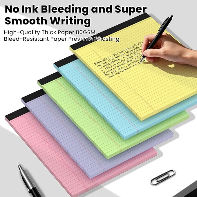 10pcs Legal Pads 8.5 x 11,Notepads 8.5 x 11 Inch, 30 Sheets/Pack, Color Note Pads Clear Print Writing Pads of Paper, Perforate Wide Ruled Lined with Sturdy Back for Office, Business & School Supplies