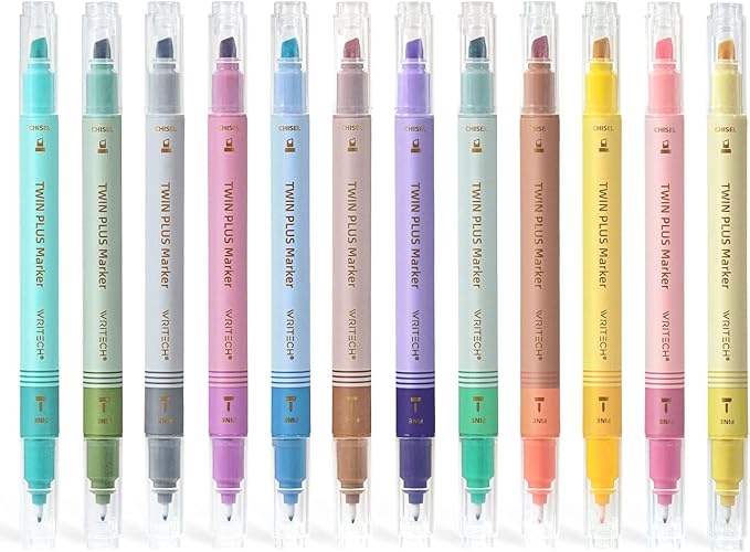 WRITECH Dual Tip Highlighter Markers: Aesthetic Fine & Chisel Tip Pastel Vintage Marker Multicolor Pens Pack No Bleed & Smear for Bible Highlighting Journaling, Assorted Colors 12ct