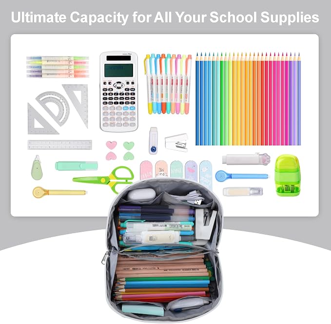 Large Pencil Pouch - 8 Compartments, Wide Handle Organizer Bag | Wide Open Pen Bag, Flexible Dividers & Side Pockets, Handle, 900D Fabric, College Supplies for Teens, Black & Grey