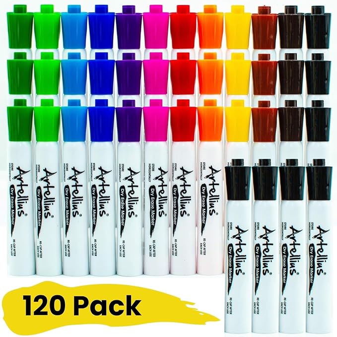 Artellius Dry Erase Markers - 120 Count, 12 Assorted Colors & 21 Black - Low-Odor Ink for Teacher Supplies - Easy Erase on Whiteboards & Wipeable Boards - Long-Lasting Ink for School Supplies