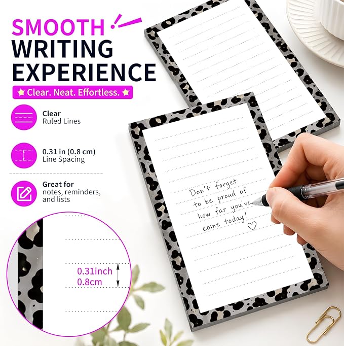 Lined Sticky Notes 4x6 in, 2 Pack Large Cute Notepads with Lines Self-Stick Note Pad, Funny Memo Pads Strong Adhesive for Office, Home Cute Leopard Grey