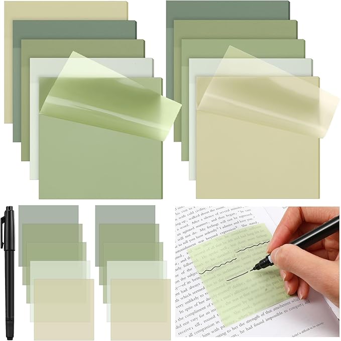 Marspark 500 Sheets Transparent Sticky Notes with Marker, 3x3 Inch See Through Sticky Notes, Self-Adhesive Translucent Clear Note Pads for Bible Journaling Memo Office School Supplies(Sage Green)