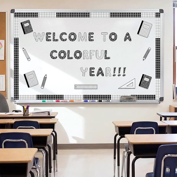221 Pcs Composition Notebook Bulletin Board Letters, Round Alphabet Number Punctuation Symbol Combo Letter Cutouts, Black and White Classroom Decor for Summer School Chalkboard Poster Wall