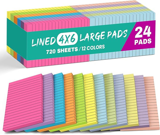 Lined Sticky Notes, 24 Pads, 4x6 Inches, Large Sticky Notes with Lines, Memo Note Pads in Multi Colors, 30 Sheets/Pad, Super Sticking Power for Office ＆ Home & Planning - Bright