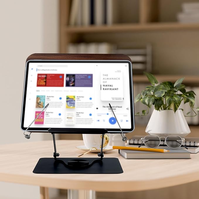 comfoyar Book Stand for Reading, Foldable Textbook Reading Stand with 360° Swivel Base and Elastic Page Clips, Adjustable Desk Cookbook Holder for Recipe Tablet Laptop Music Scores, Hands Free