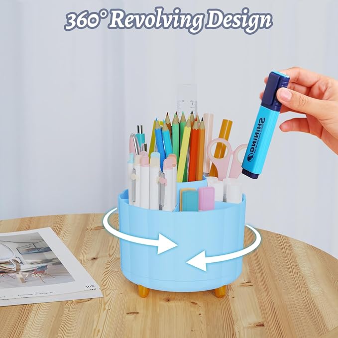 360 Degree Rotating Pen Holder for Desk, 6 Slots Desktop Organizer Caddy for Pens, Pencils, Markers, Multi-Functional Pencil Cup & Office Supplies Holder, Blue