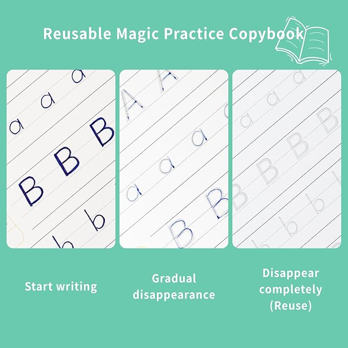 Premium Grooved Handwriting Practice for Kids, Reusable Children's Magic Copybook with Pencil Grips and Pouch, Large Size Calligraphy Workbooks Kit for Pre-School, Kindergarten(30 Refills)