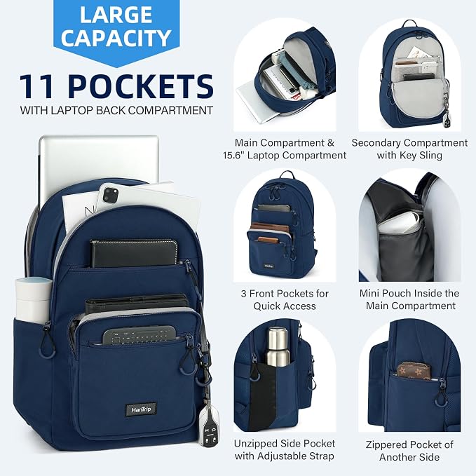 HanTrip 18 Inch Carry on Travel Backpack with Lots of Pockets, Navy Blue | 15.6 Inch Laptop Sleeve, Luggage Strap, Water Bottle Pocket, 28 Liters, Lightweight, Water Resistant, 18x14x8 Medium Bookbag