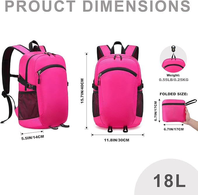 Lightweight Hiking Backpack 18L Packable Foldable Small Daypack Collapsible Travel Bag Water-Resistant for Women (Magenta)