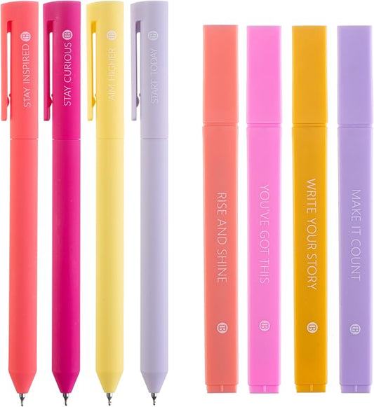 DIVERSEBEE Aesthetic Highlighters and Gel Pens, No Bleed (Inspire) | 8 Pack Colored Bible Highlighters, Assorted Colors Cute Journaling Pens, Bible Study Supplies, Bible Markers