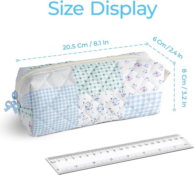 Cute Quilted Pencil Case for Women, Aesthetic Small Floral Pencil Pouch, Slim Soft Pencil Bag for Stationery Supplies & Daily Use（Green Blue Patchwork）