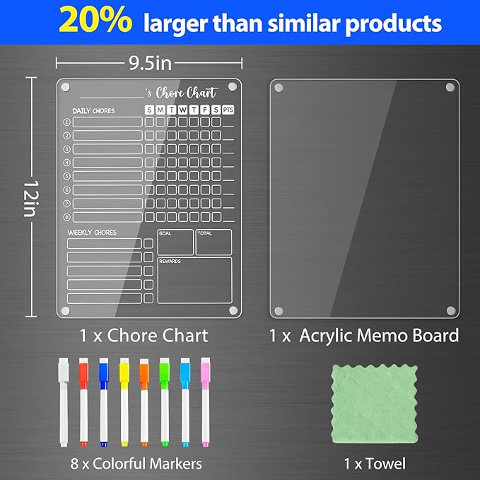 PigPotParty Clear Acrylic Magnetic Chore Chart and Blank Memo Whiteboard for Fridge, 2 Pack 9.5"x12" Dry Erase Board to Do List Meal Planner for Adult Teens Kids Family, Include 8 Markers & 1 Towel