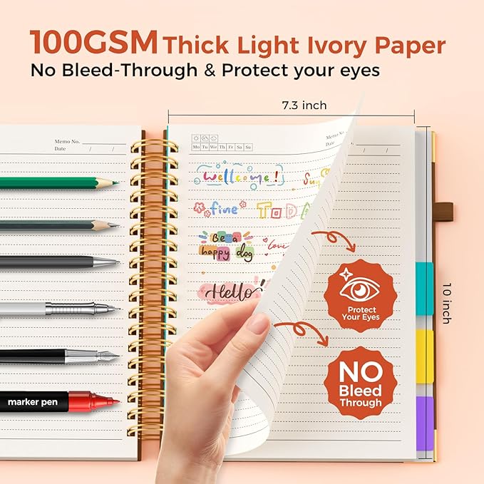 Line Hardcover Spiral Notebook with Removable Dividers Tabs & Ruler, 5 Subject Notebook College Ruled, 300 Page, Large 8"x10" B5 Notebooks for Work School, Lined Journal for Women & Men, Brown