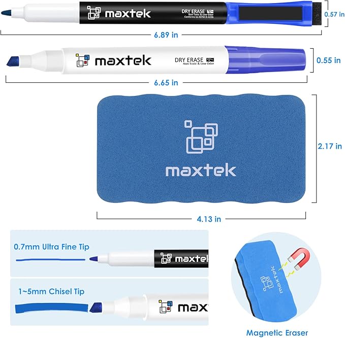 maxtek Low Odor Dry Erase Markers Mixed Tip, Whiteboard Markers Set 8 Count with 1 Magnetic Eraser
