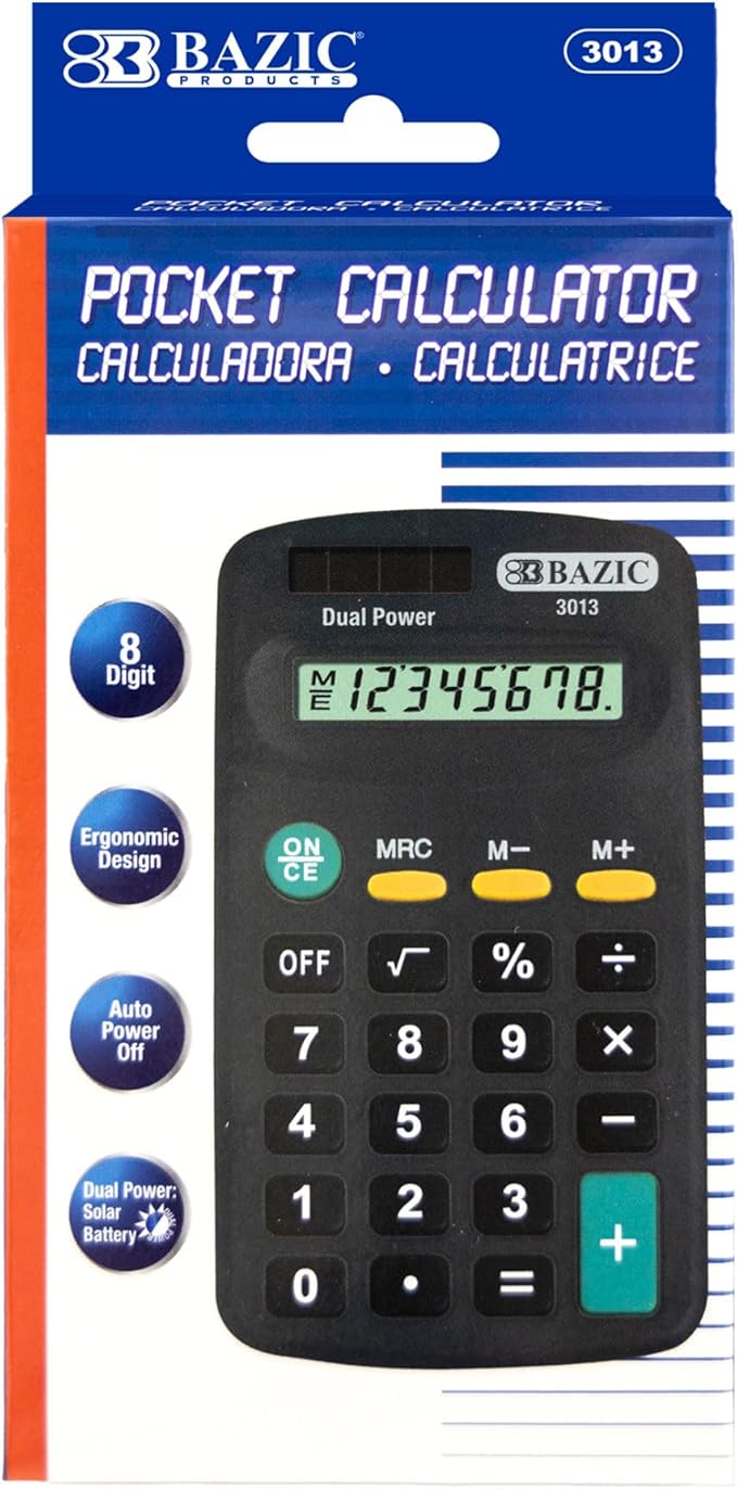 BAZIC Products 8 Digit Pocket Size Calculator, Dual Power Solar & Battery, LCD Display, Mini Small Basic Standard Function Calculators, Black Color, 1-Pack