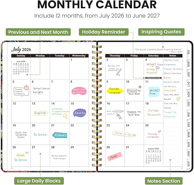 Planner 2026-2027, Academic Planner Weekly and Monthly, Jul 2026 - Jun 2027, Spiral Bound School Planning Tool with Tabs and Pocket, Perfect for Students & Teacher, 6.3" x 8.5", Floral Starlight