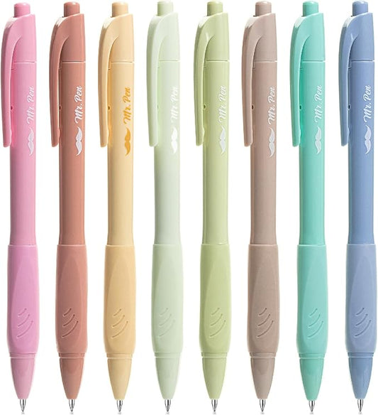 Mr. Pen- Retractable Gel Pens, 8 Pack, Black Ink, Soft Grip | Soft Pastel Barrels, Fine Point 0.5mm, Fast Dry, Smooth Writing, Cute Pens for Drawing, Writing Planner and School Supplies