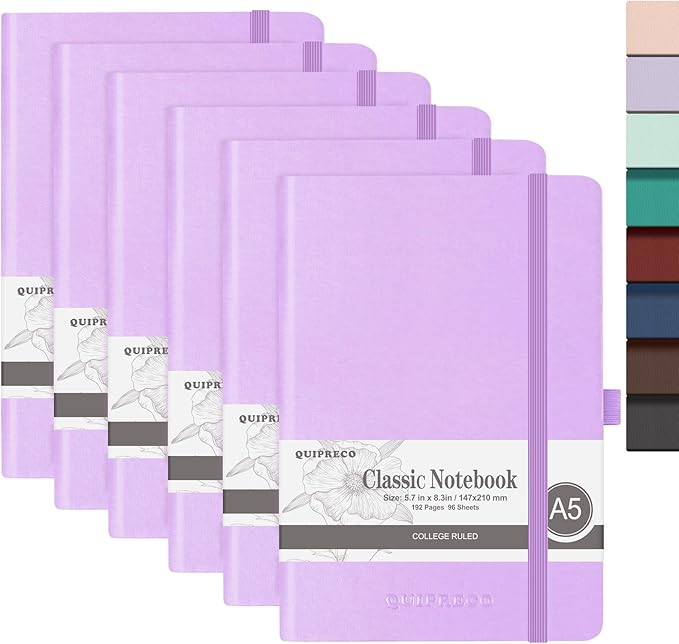6Pack Lined Hardcover Journal Notebook, A5 192 Pages 100Gsm Thick Paper College Ruled for School,Note Taking,Work,Diary，5.7''*8.3'',Lavender